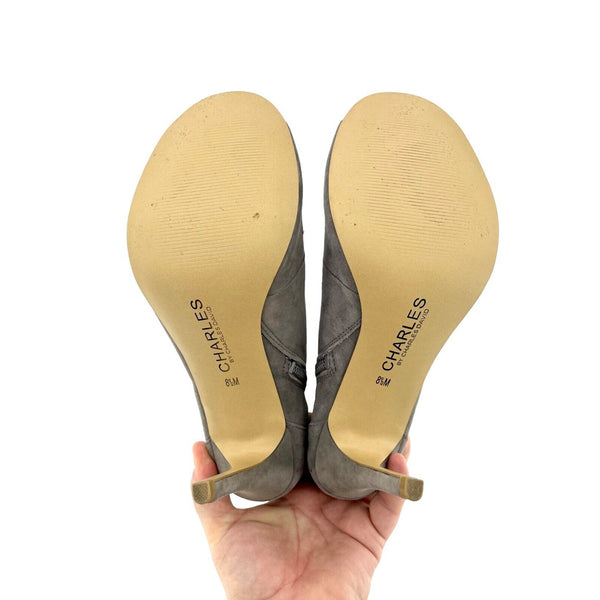 Charles By Charles Grey Suede Peep Toe High Heel Booties - PRE-OWNED