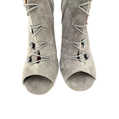 Charles By Charles Grey Suede Peep Toe High Heel Booties - PRE-OWNED