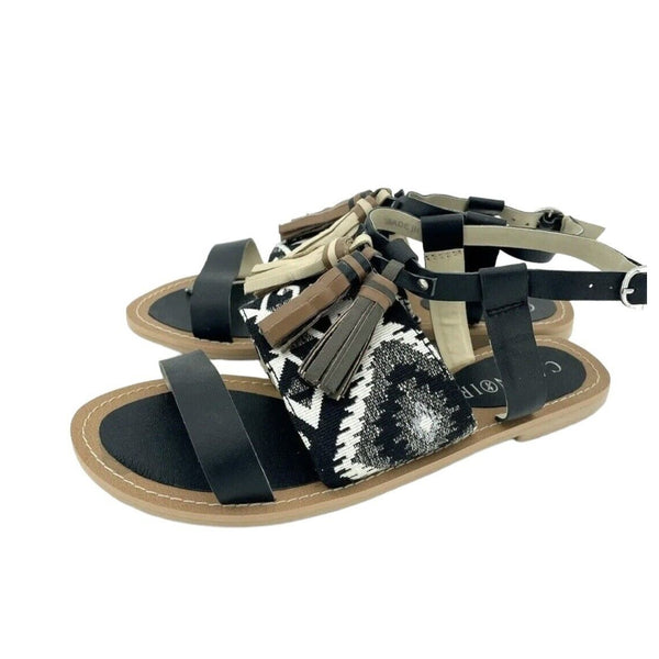 Cafe Noir Black Leather Tassels Strappy Flat Sandals