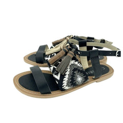 Cafe Noir Black Leather Tassels Strappy Flat Sandals