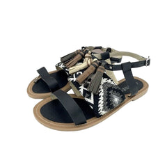 Cafe Noir Black Leather Tassels Strappy Flat Sandals