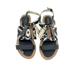 Cafe Noir Black Leather Tassels Strappy Flat Sandals