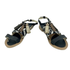 Cafe Noir Black Leather Tassels Strappy Flat Sandals