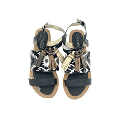 Cafe Noir Black Leather Tassels Strappy Flat Sandals