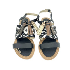 Cafe Noir Black Leather Tassels Strappy Flat Sandals