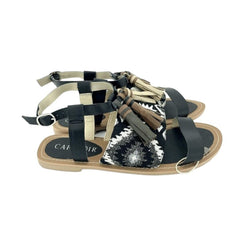 Cafe Noir Black Leather Tassels Strappy Flat Sandals