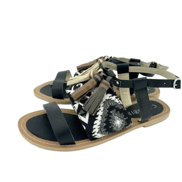 Cafe Noir Black Leather Tassels Strappy Flat Sandals