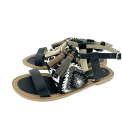 Cafe Noir Black Leather Tassels Strappy Flat Sandals