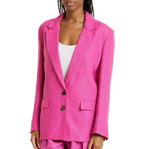 Farm Rio Women Pink Linen Longline Single Breasted Button Blazer