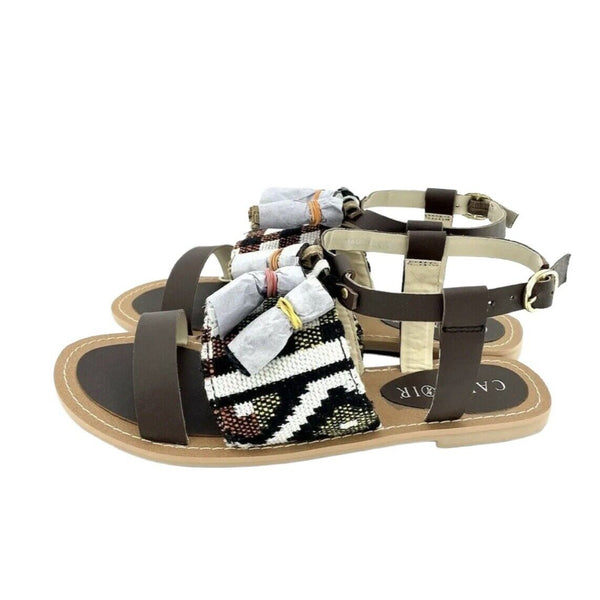 Cafe Noir Brown Leather Tassels Strappy Flat Sandals