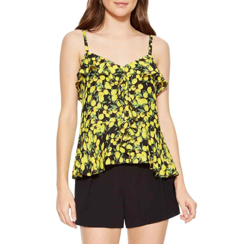 Parker Lemon Print Silk Ruffle Tank Top