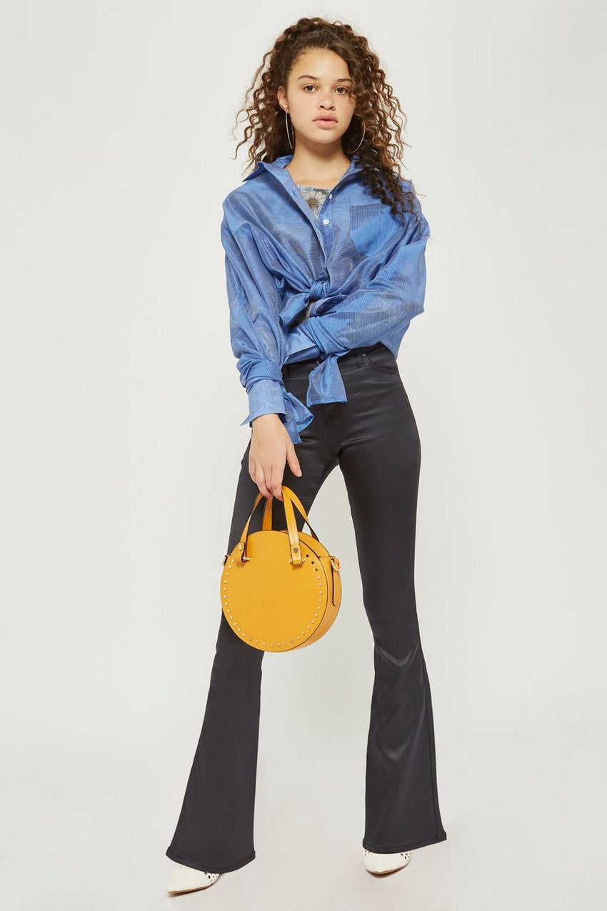 Topshop Jamie Flare Moto Black Sateen High Waisted Stretch Jeans