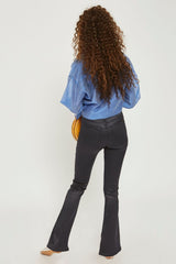 Topshop Jamie Flare Moto Black Sateen High Waisted Stretch Jeans