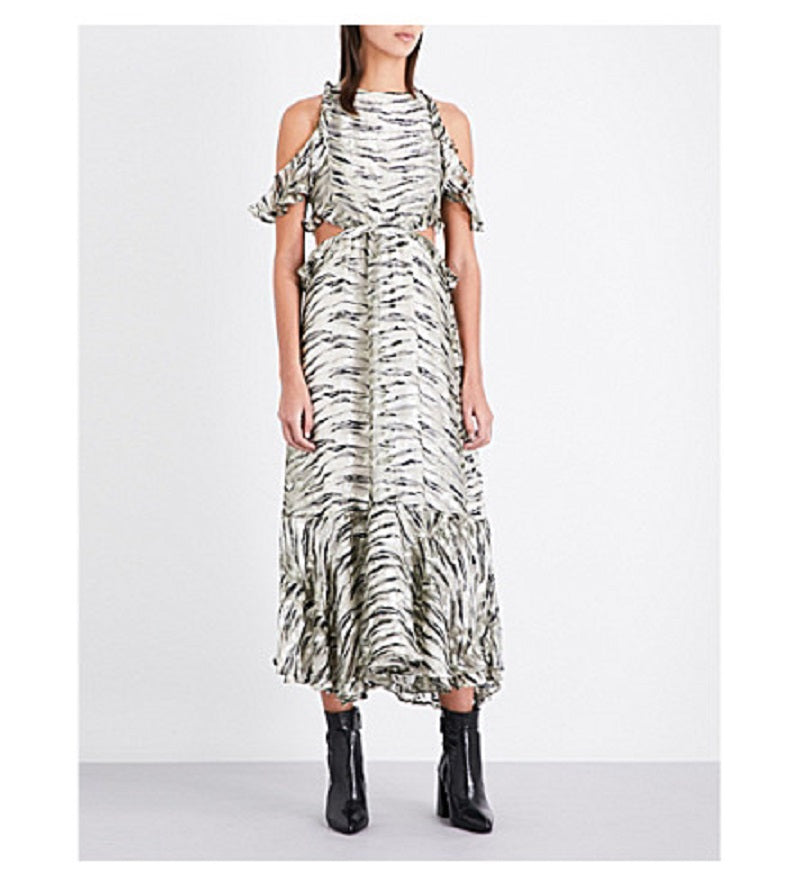 Topshop Animal Print Silk Ruffle Open Back Cutout Midi Dress