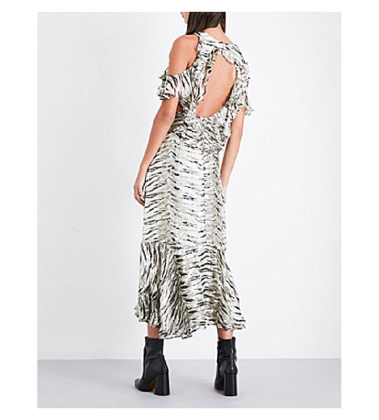 Topshop Animal Print Silk Ruffle Open Back Cutout Midi Dress
