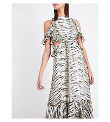 Topshop Animal Print Silk Ruffle Open Back Cutout Midi Dress