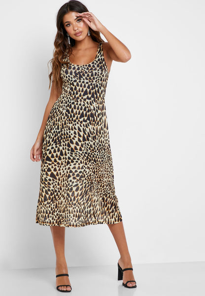 Topshop Animal Print Plunge Neckline Mesh Midi Dress