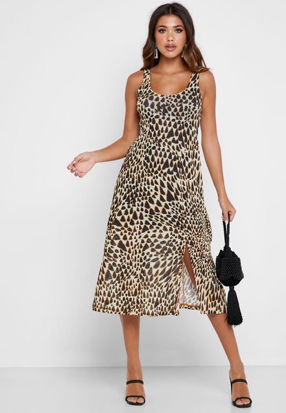 Topshop Animal Print Plunge Neckline Mesh Midi Dress