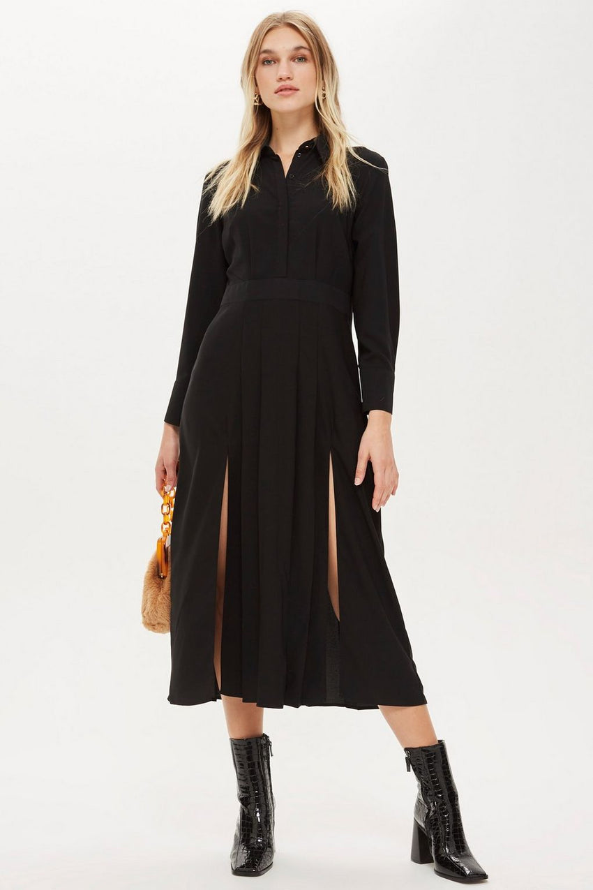 Topshop Pleated Button Down Casual Long Sleeve Midi Dress