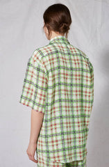 Topshop Silk Green Check Print Bowling Blouse