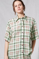 Topshop Silk Green Check Print Bowling Blouse