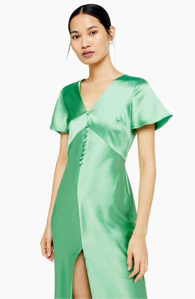 Topshop Angel Sleeve Bias Cut Satin Midi Green Dress