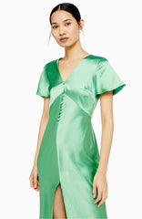 Topshop Angel Sleeve Bias Cut Satin Midi Green Dress