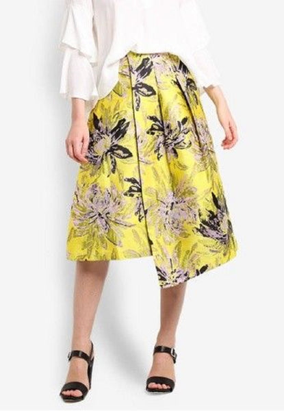 Topshop Jacquard Yellow Floral Midi Asymmetrical Midi Skirt