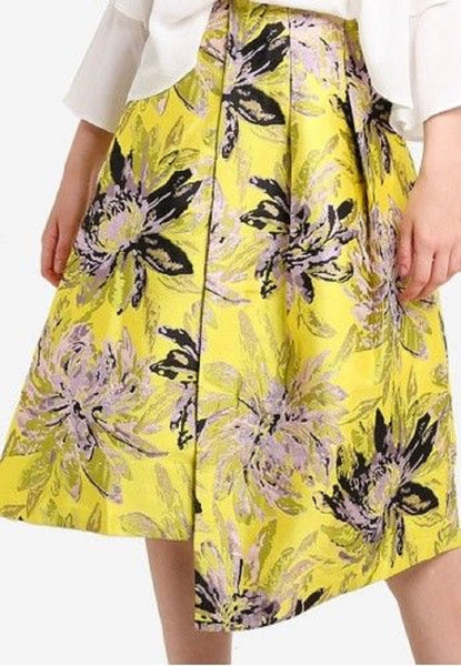 Topshop Jacquard Yellow Floral Midi Asymmetrical Midi Skirt