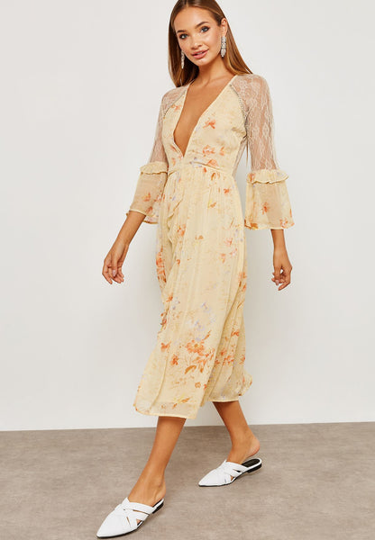 Topshop Floral Print Lace Rhinestones Ruffle Midi Dress