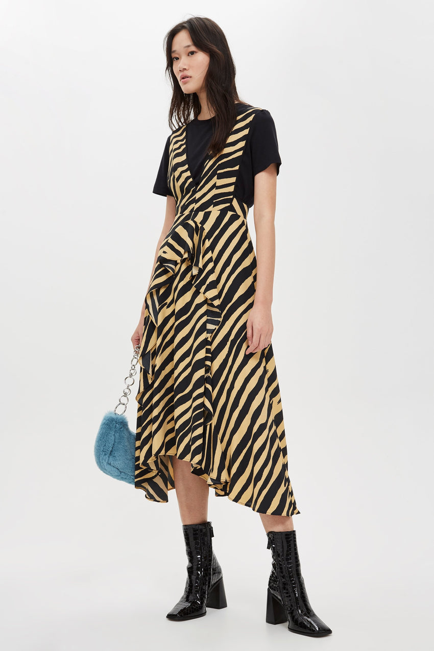 Topshop Zebra Print Striped Pinafore V Neck Dress