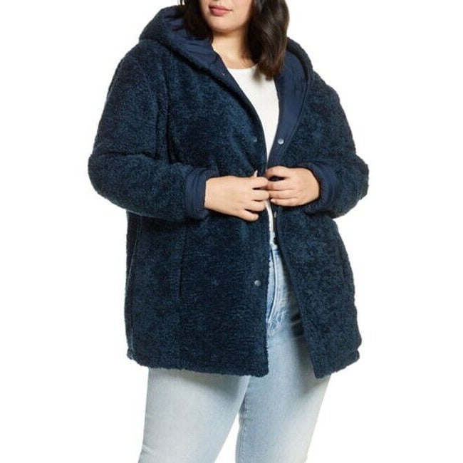 Halogen Reversible Blue Coat Jacket Quilted Faux Fur