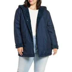 Halogen Reversible Blue Coat Jacket Quilted Faux Fur