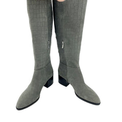 Sam Edelman Joelle Grey Croc Embossed Suede Leather Knee High Boots