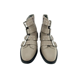 Topshop Paige Beige Leather Studded Buckle Straps Ankle Boots