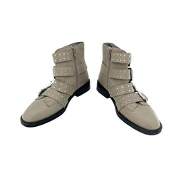 Topshop Paige Beige Leather Studded Buckle Straps Ankle Boots