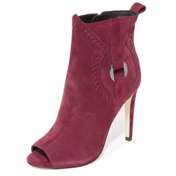 Rebecca Minkoff Ridley Burgundy Suede Leather Peep Toe Booties