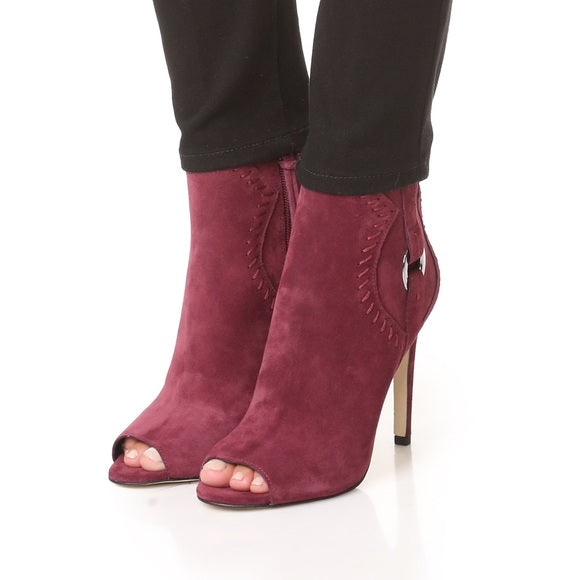 Rebecca Minkoff Ridley Burgundy Suede Leather Peep Toe Booties