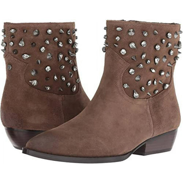 Sam Edelman Crystal Studded Taupe Suede Leather Western Booties