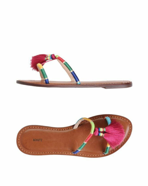 Schutz Colorful Pink Tassels Strappy Slip On Flat Sandals
