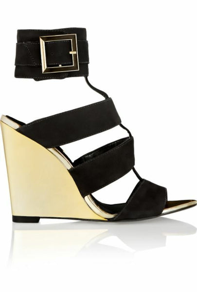 Schutz Gold Metallic Wedge Black Suede Sandals