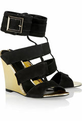 Schutz Gold Metallic Wedge Black Suede Sandals