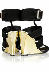 Schutz Gold Metallic Wedge Black Suede Sandals