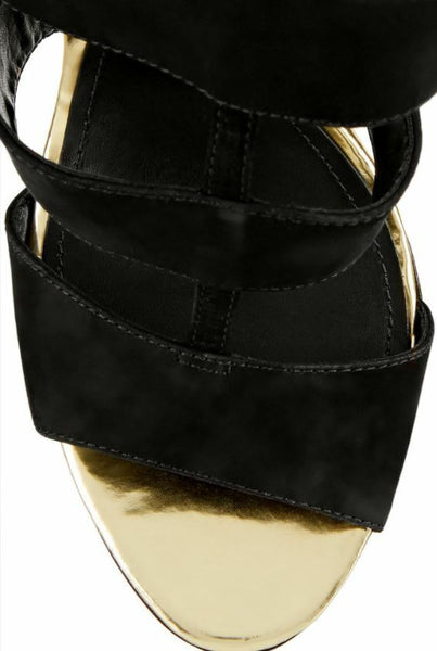 Schutz Gold Metallic Wedge Black Suede Sandals