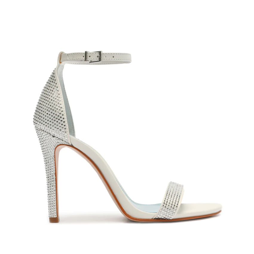 Schutz Cadey-Lee Crystal Sandal White Leather Stiletto Ankle Strap