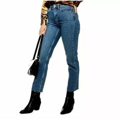 Topshop High Rise Raw Hem Cropped Straight Leg Blue Jeans