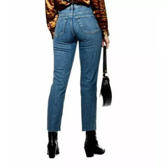 Topshop High Rise Raw Hem Cropped Straight Leg Blue Jeans