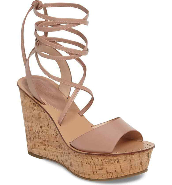 Topshop Blush Pink Leather Ankle Wrap Cork Wedge Sandals