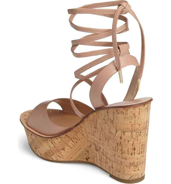 Topshop Blush Pink Leather Ankle Wrap Cork Wedge Sandals