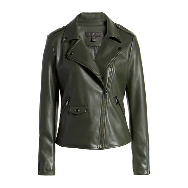 Halogen Dark Green Faux Leather Motorcycle Jacket